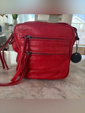 Day & Mood Red Leather Crossbody Bag Zip Multi Pocket Adjustable Strap